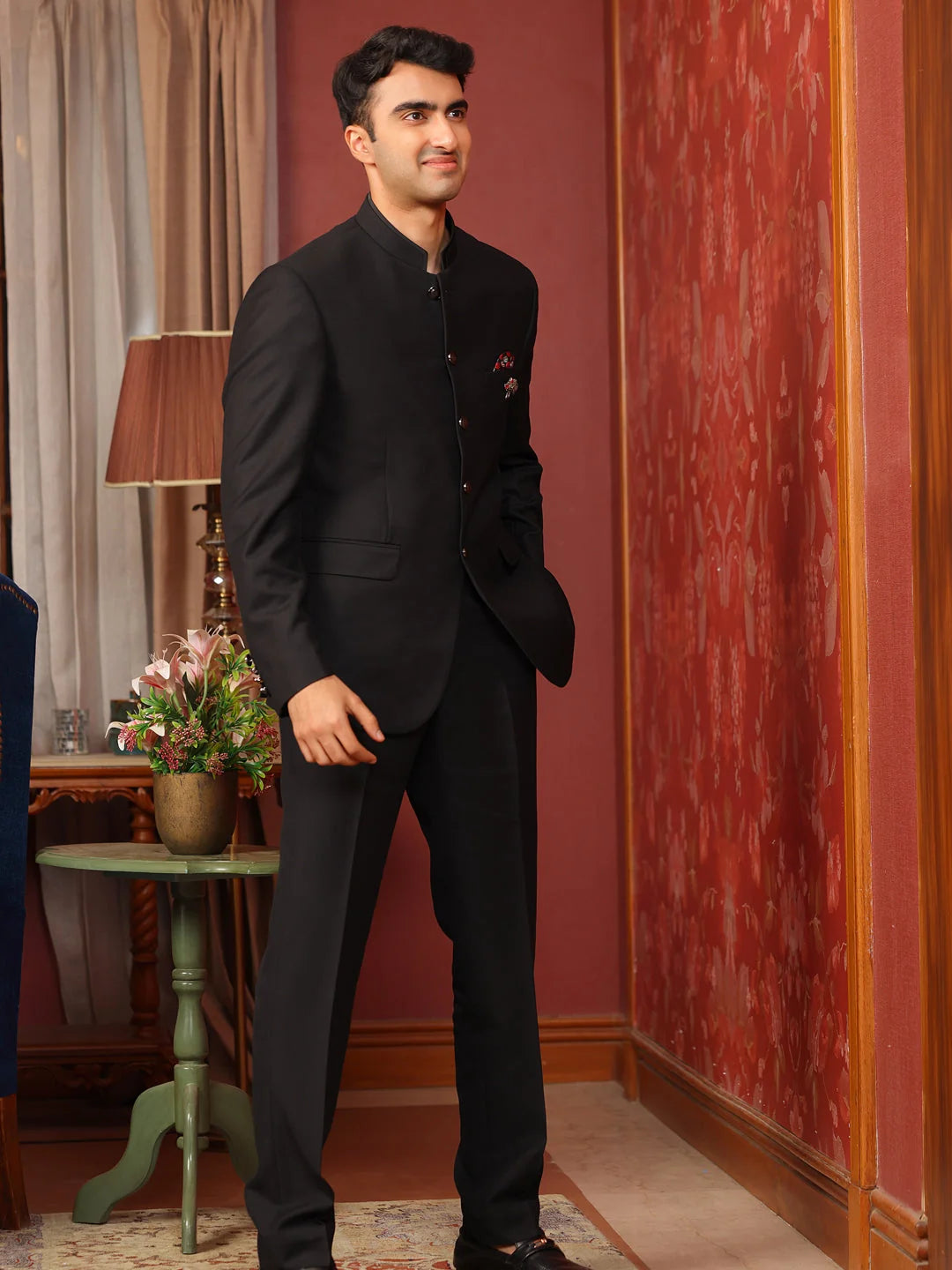 CLASSIC BLACK BANDHGALA SUIT WITH POCKET SQUARE