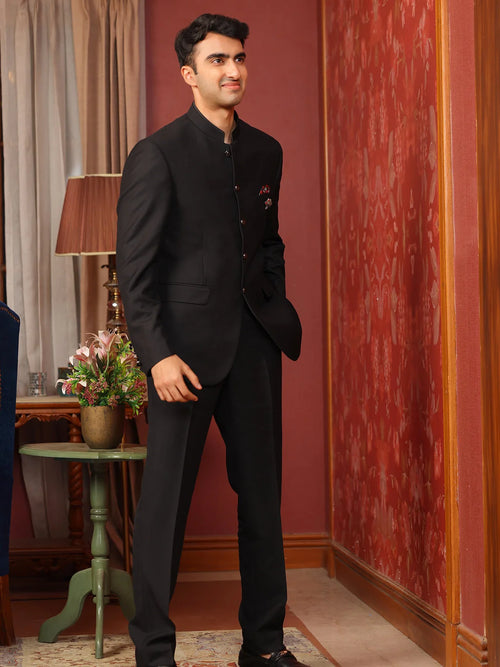 CLASSIC BLACK BANDHGALA SUIT WITH POCKET SQUARE