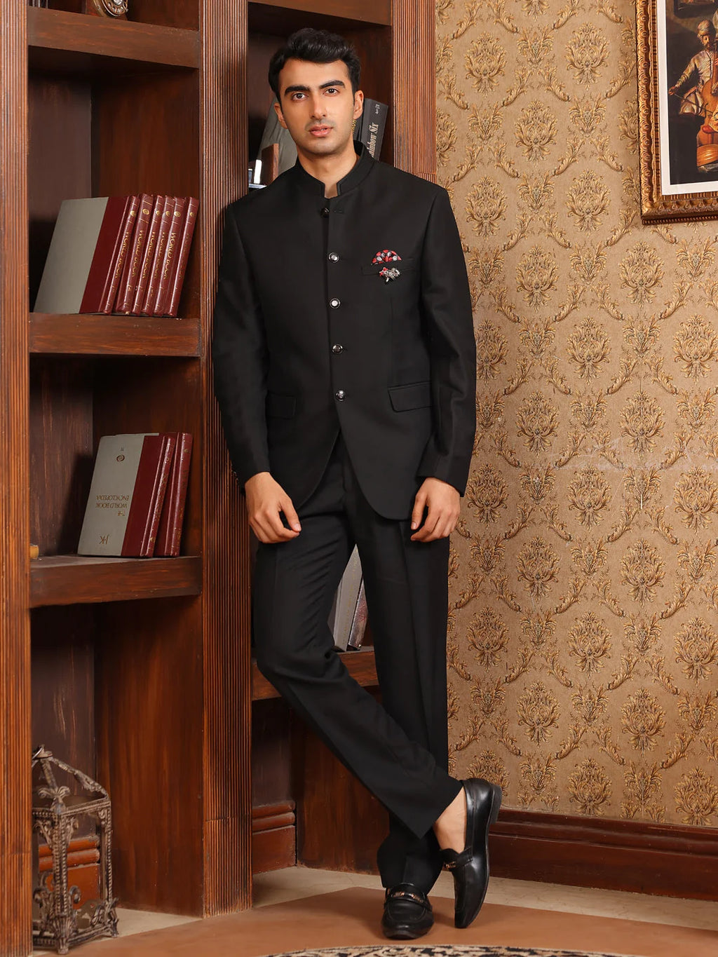 CLASSIC BLACK BANDHGALA SUIT WITH POCKET SQUARE