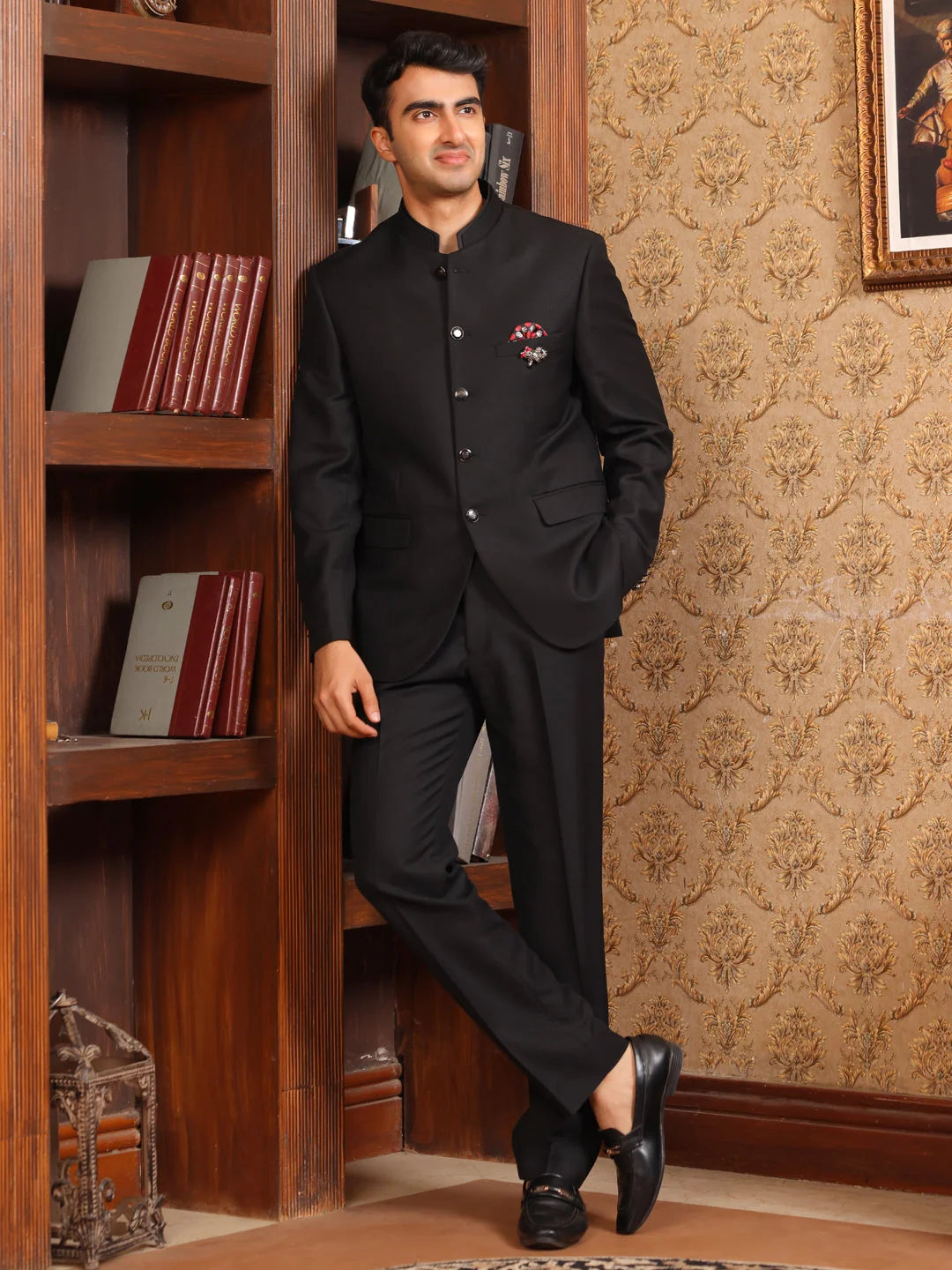 CLASSIC BLACK BANDHGALA SUIT WITH POCKET SQUARE