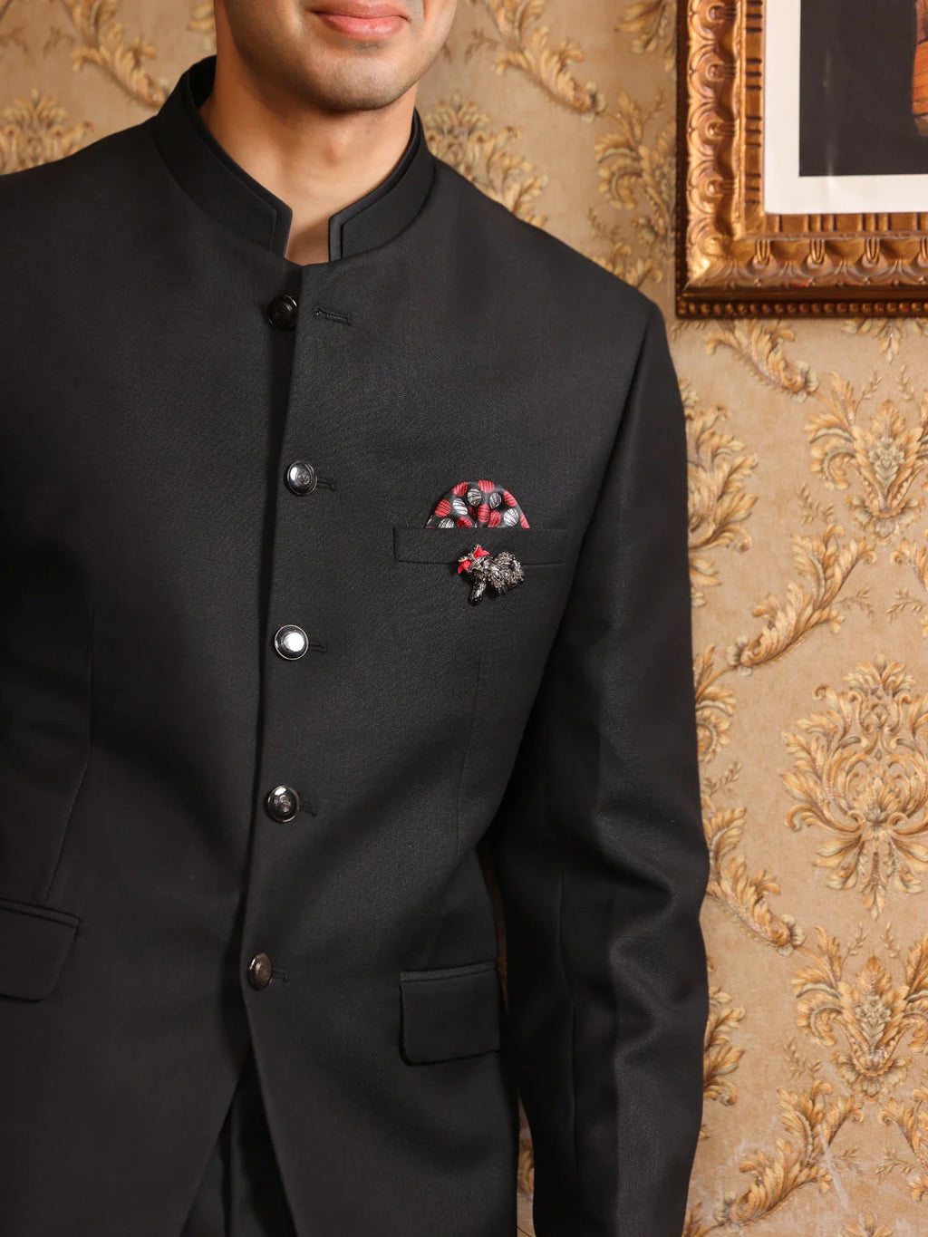CLASSIC BLACK BANDHGALA SUIT WITH POCKET SQUARE