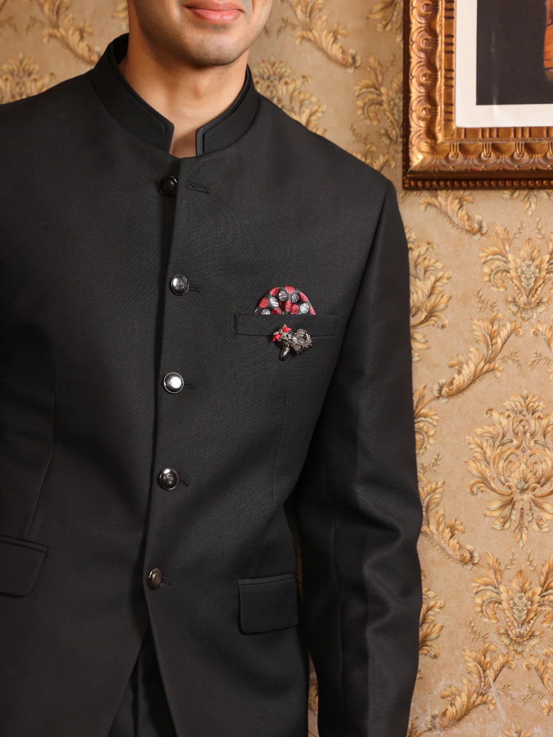CLASSIC BLACK BANDHGALA SUIT WITH POCKET SQUARE