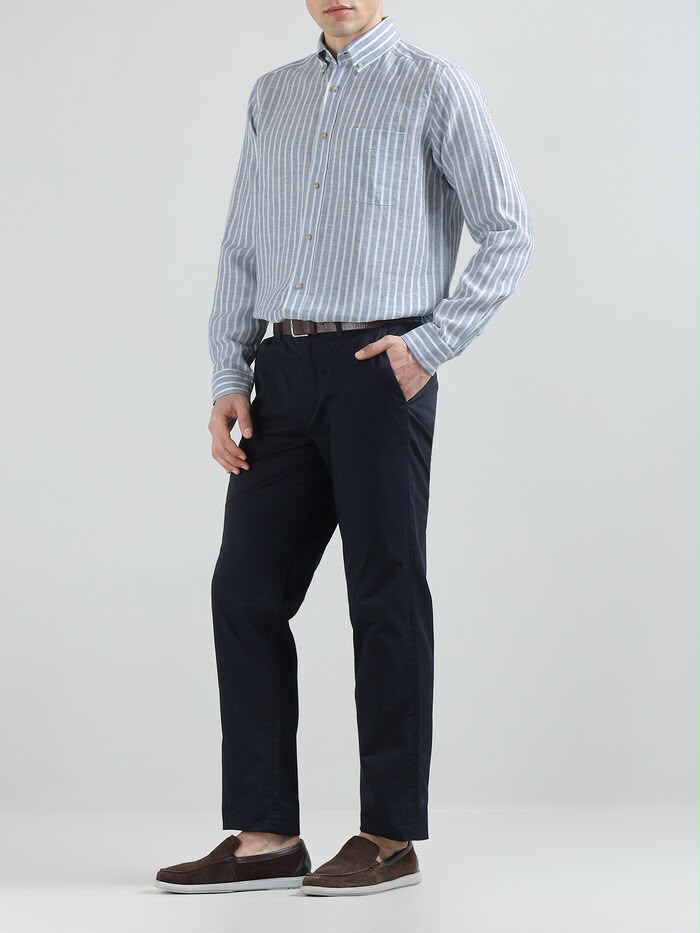 Men Blue Striped Linen Shirt