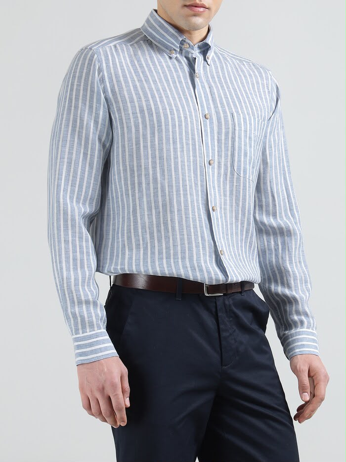 Men Blue Striped Linen Shirt