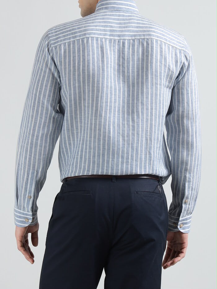 Men Blue Striped Linen Shirt