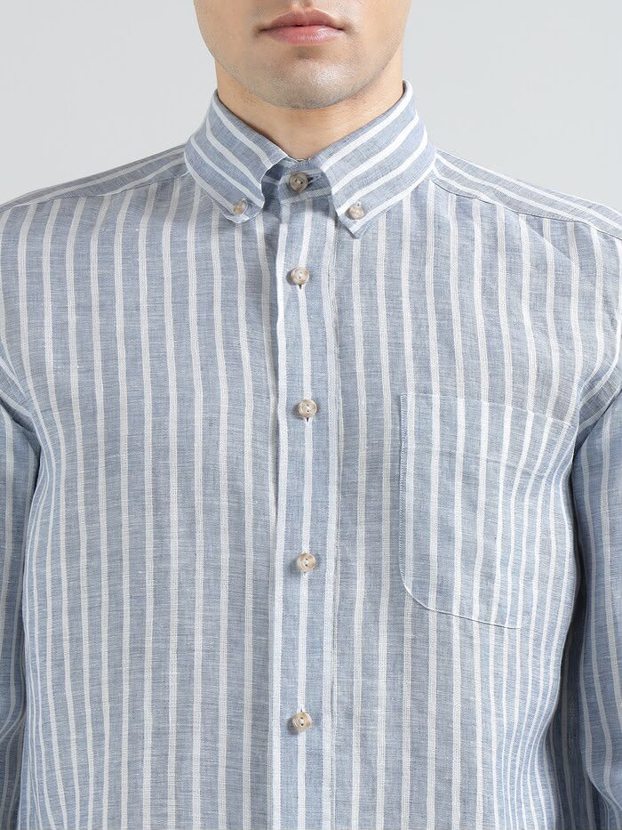 Men Blue Striped Linen Shirt