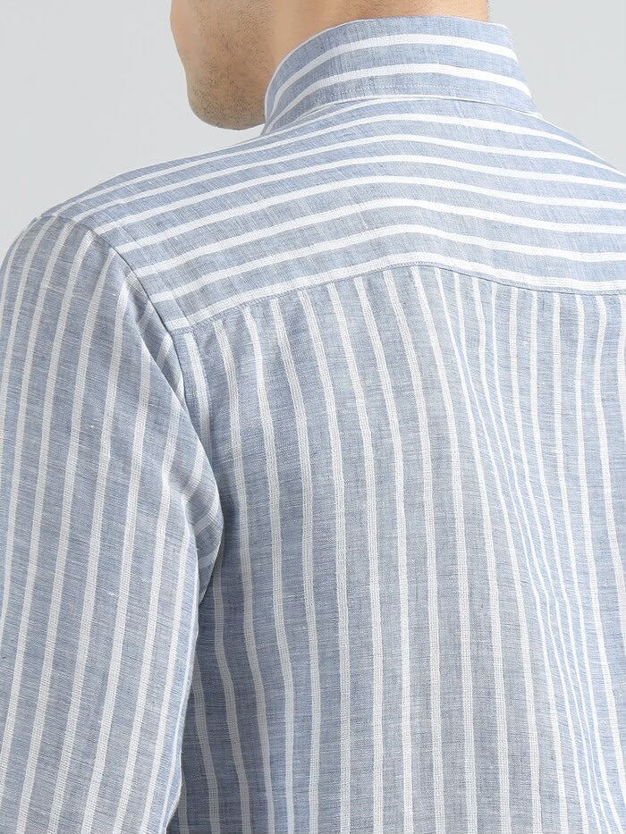 Men Blue Striped Linen Shirt