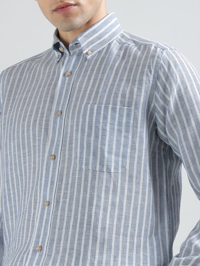 Men Blue Striped Linen Shirt