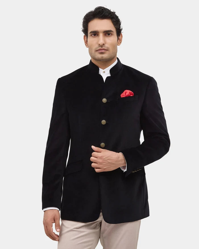 Black Solid Bandhgala - Vetiver
