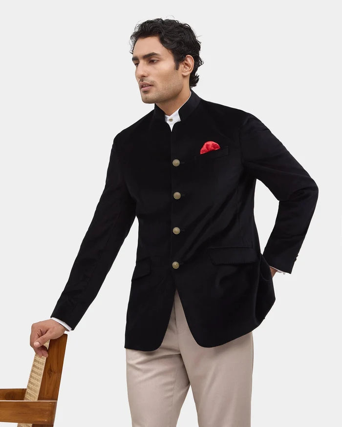 Black Solid Bandhgala - Vetiver
