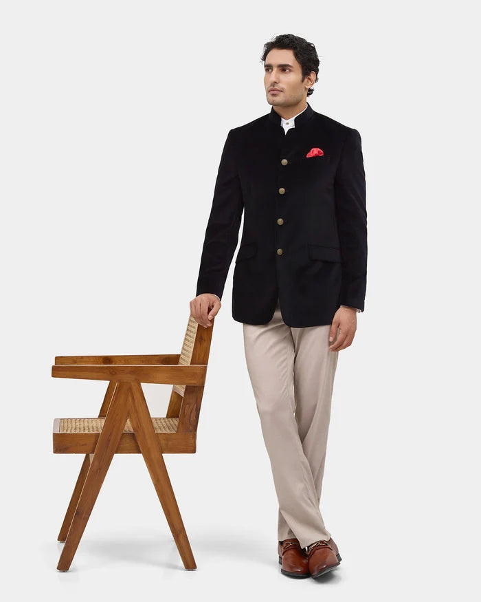 Black Solid Bandhgala - Vetiver